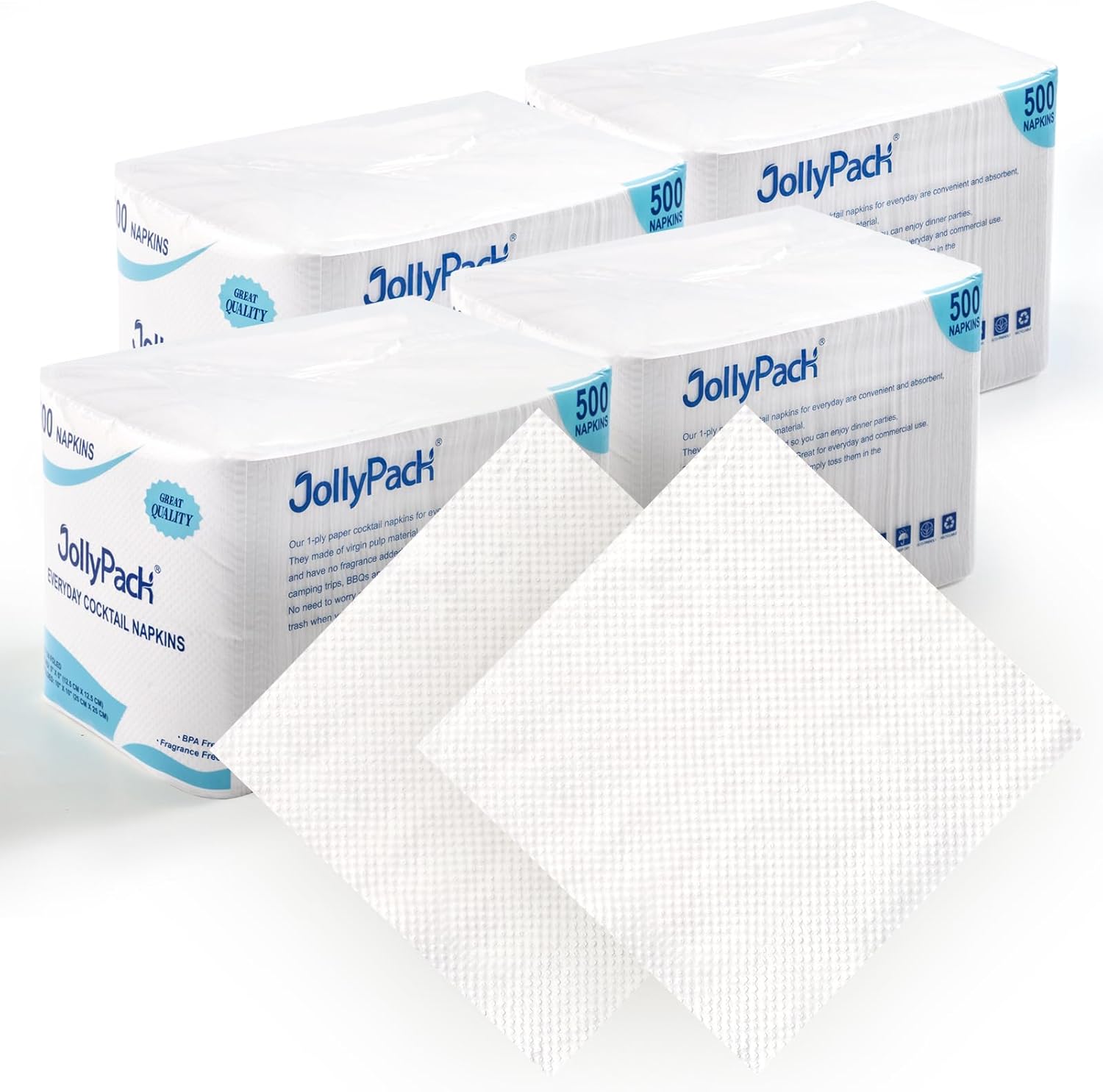 JollyPack 2000 Count White Beverage Napkins - 1-Ply 4.9 x 4.9 Folded Bulk Cocktail Napkins Paper